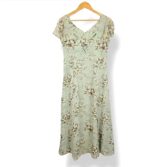 NEW Vintage Coldwater Creek 100% Silk Flutter Sleeve Floral Midi Dress in Sage - Picture 3 of 11